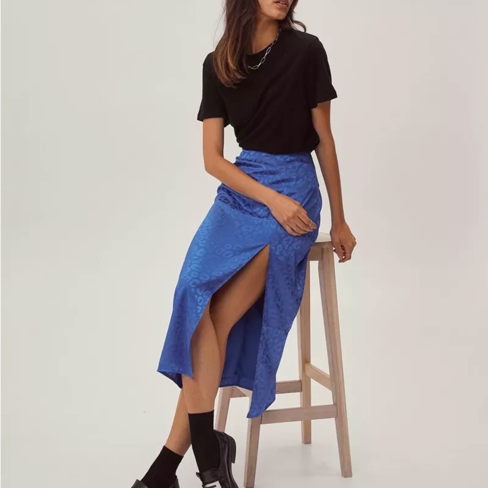 Blue satin split midi skirt